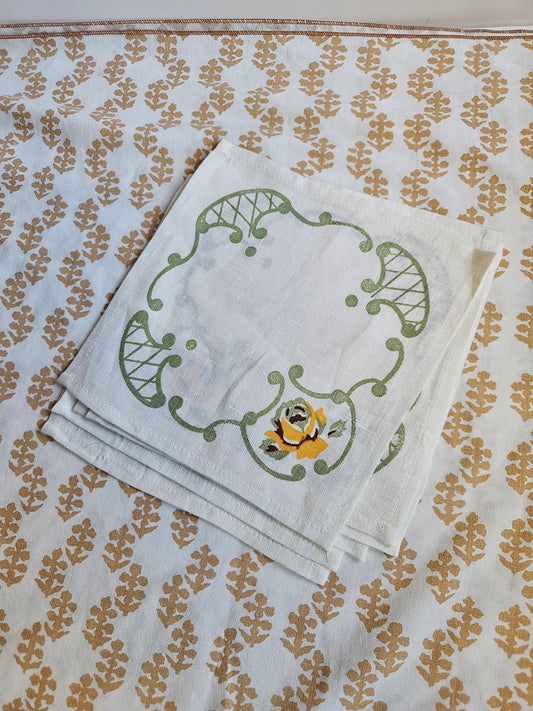 1970s Handmade Crocheted Celtic Knot Pot Holders & Napkin Set | MCM Yellow & Green | Unknown Artisan | Vintage