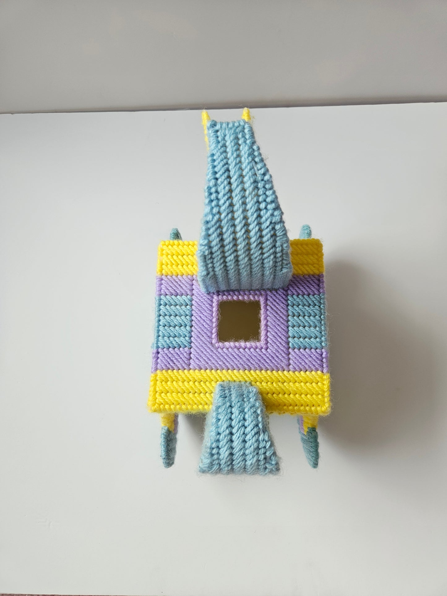 Vintage Rocking Horse Needlepoint Tissue Box Cover | Yellow Teal Purple | Artisan Handcrafted | Cottagecore