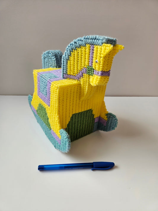 Vintage Rocking Horse Needlepoint Tissue Box Cover | Yellow Teal Purple | Artisan Handcrafted | Cottagecore