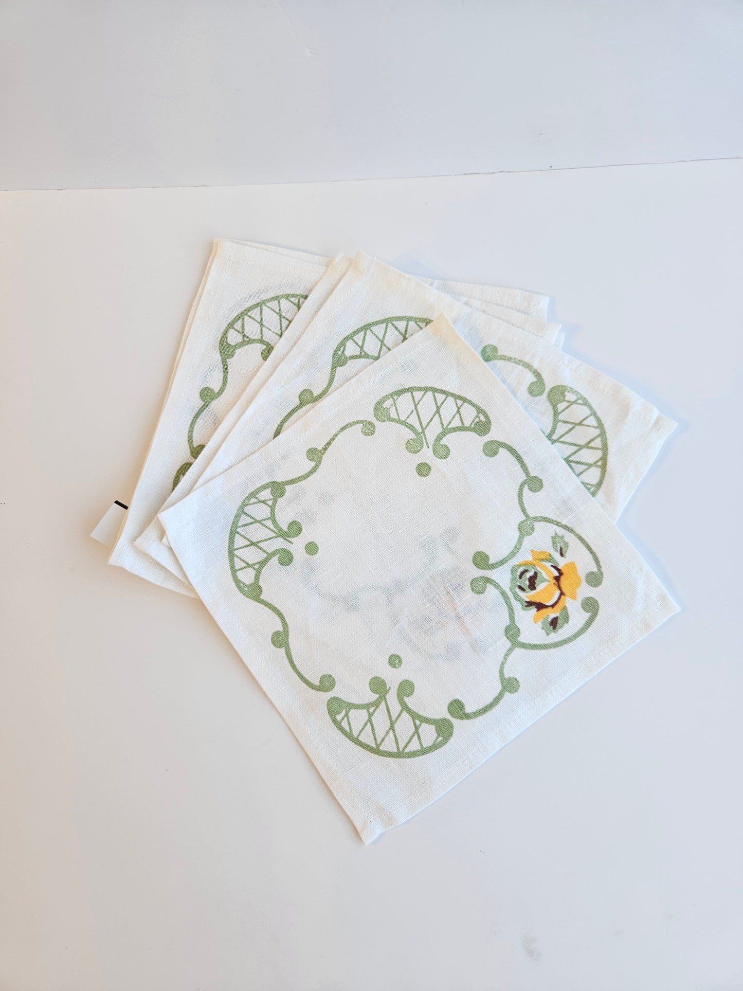 1970s Handmade Crocheted Celtic Knot Pot Holders & Napkin Set | MCM Yellow & Green | Unknown Artisan | Vintage