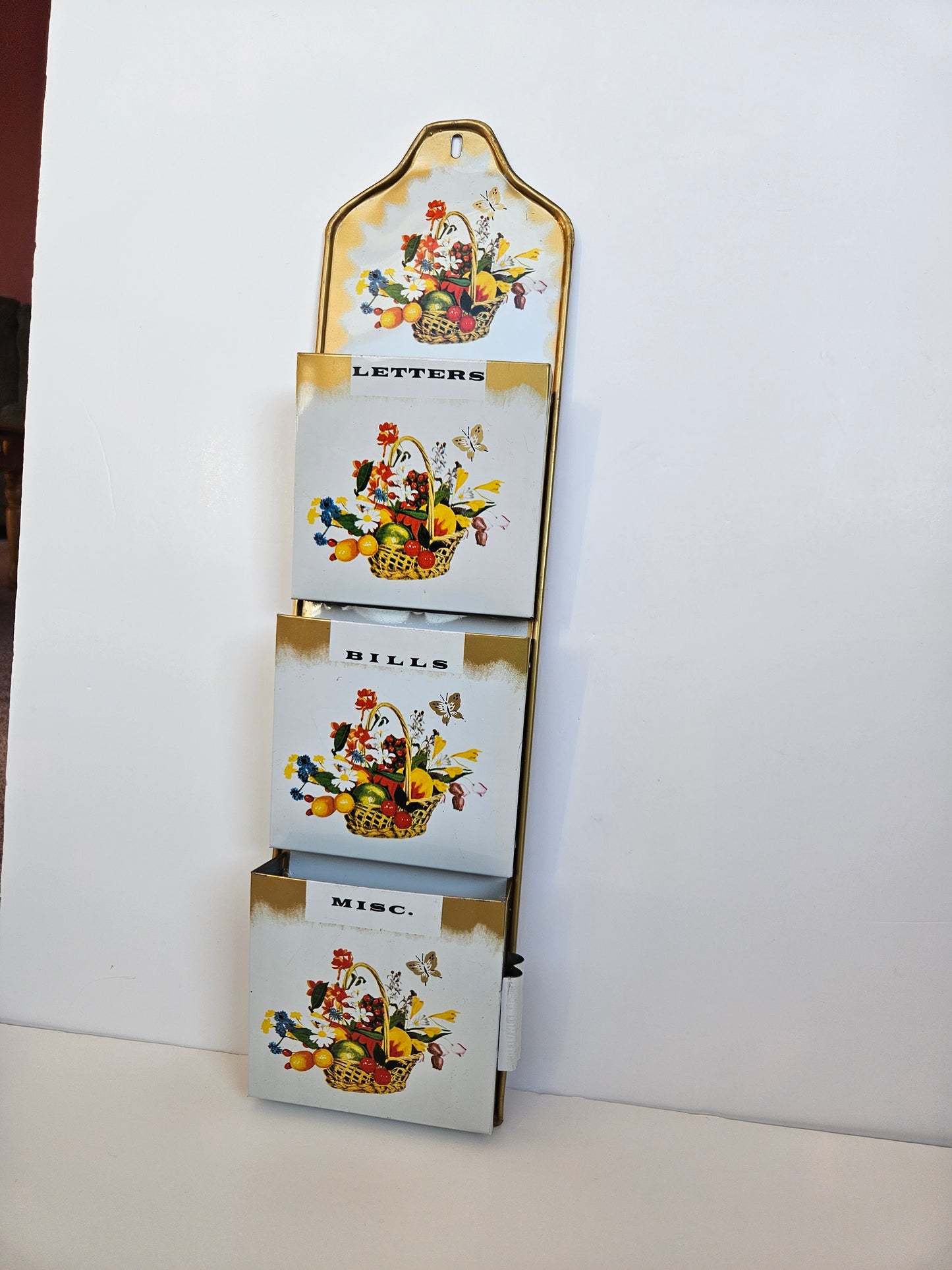 1950s–1960s Tin Wall-Mount Mail Sorter | 3-Slot | Floral Lithograph | Gold Trim | Made in Taiwan | Vintage