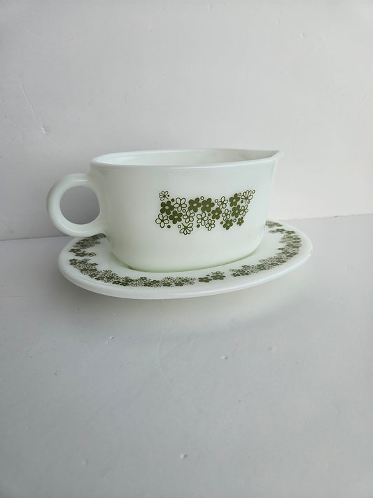 1972 Pyrex "Spring Blossom Green" Gravy Boat | Crazy Daisy | White Milk Glass | Made in USA | Vintage