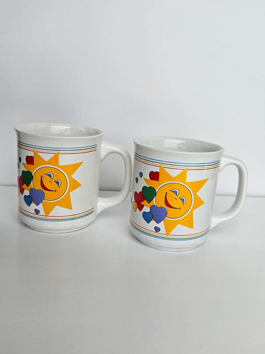 1980s Sunshine Rainbow Hearts Mug Set of 2 | 8oz | Giftco Inc. Taiwan | Retro Ceramic | Vintage