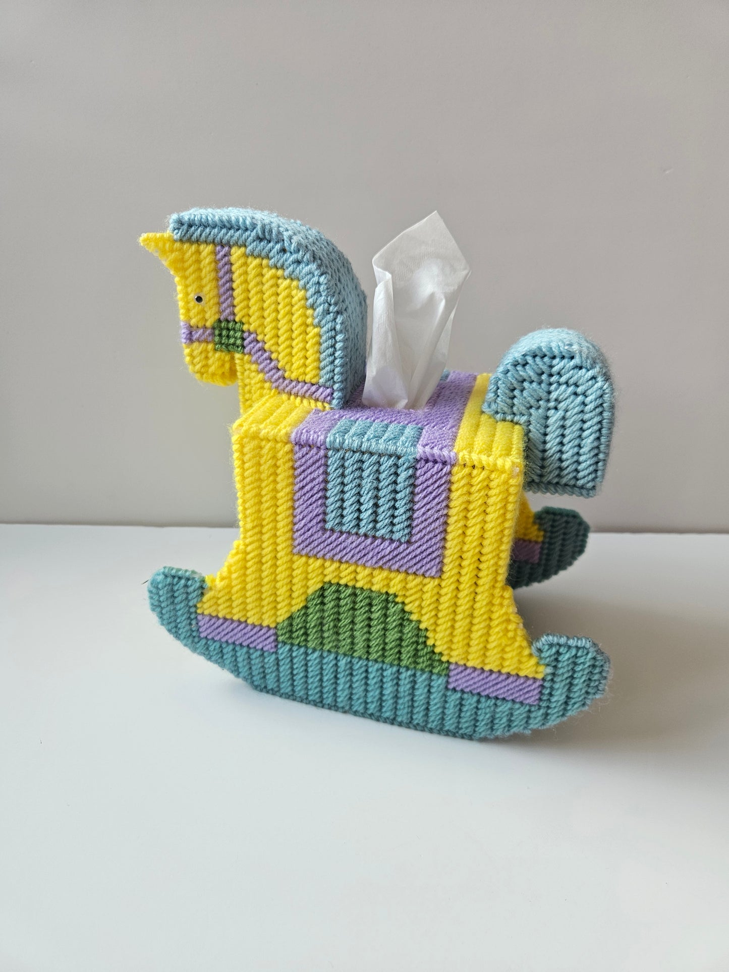 Vintage Rocking Horse Needlepoint Tissue Box Cover | Yellow Teal Purple | Artisan Handcrafted | Cottagecore