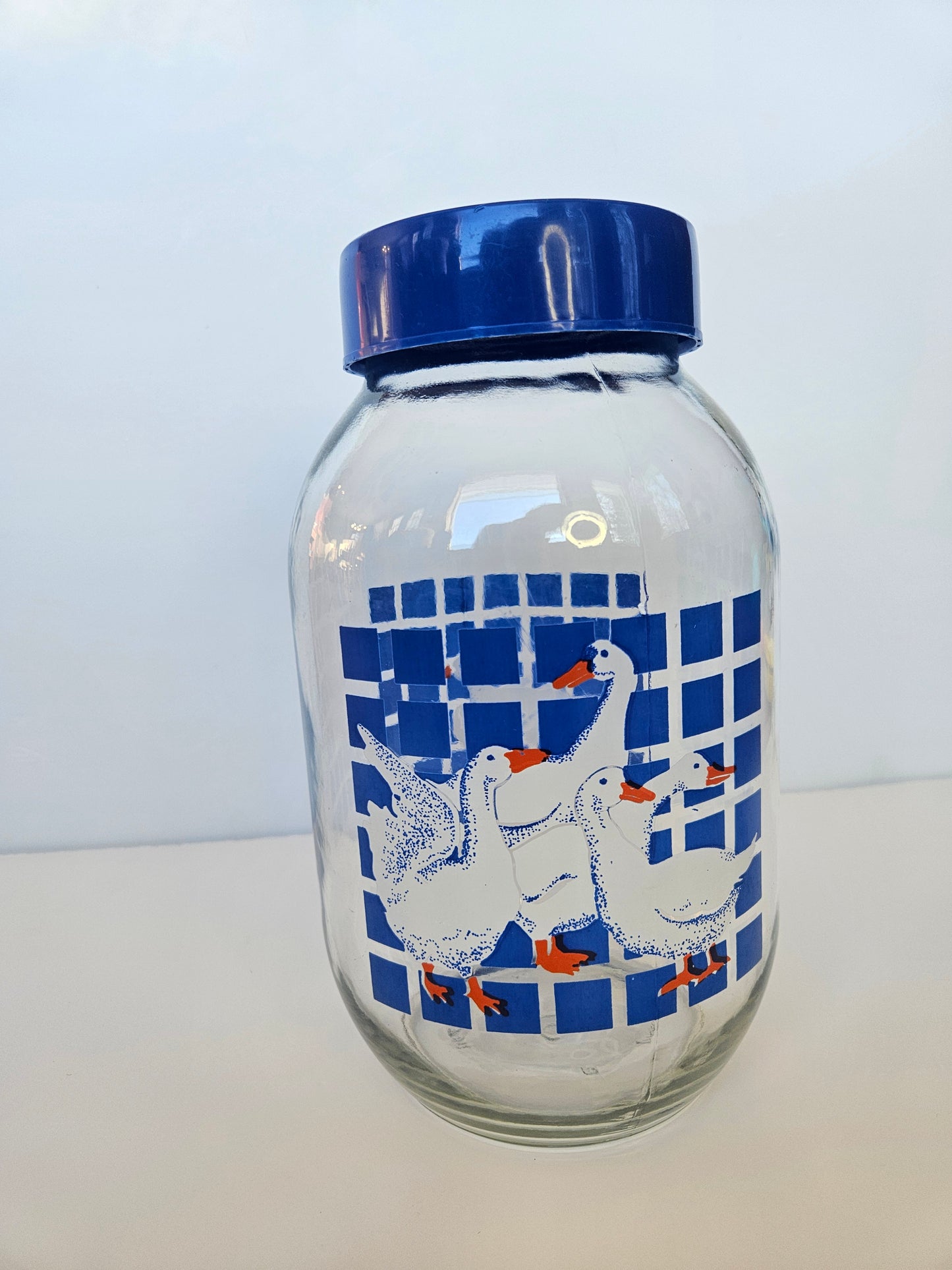 1980s Carlton Glass Country Goose Jar with Lid | 3L | Blue Checkered | USA