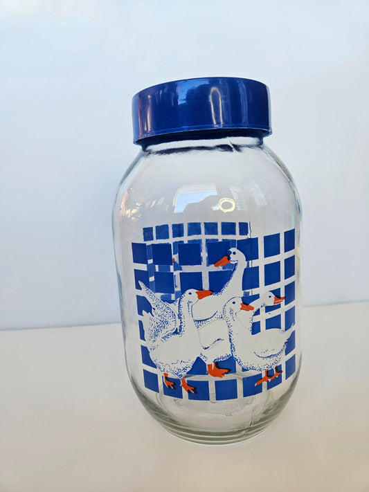 1980s Carlton Glass Country Goose Jar with Lid | 3L | Blue Checkered | USA