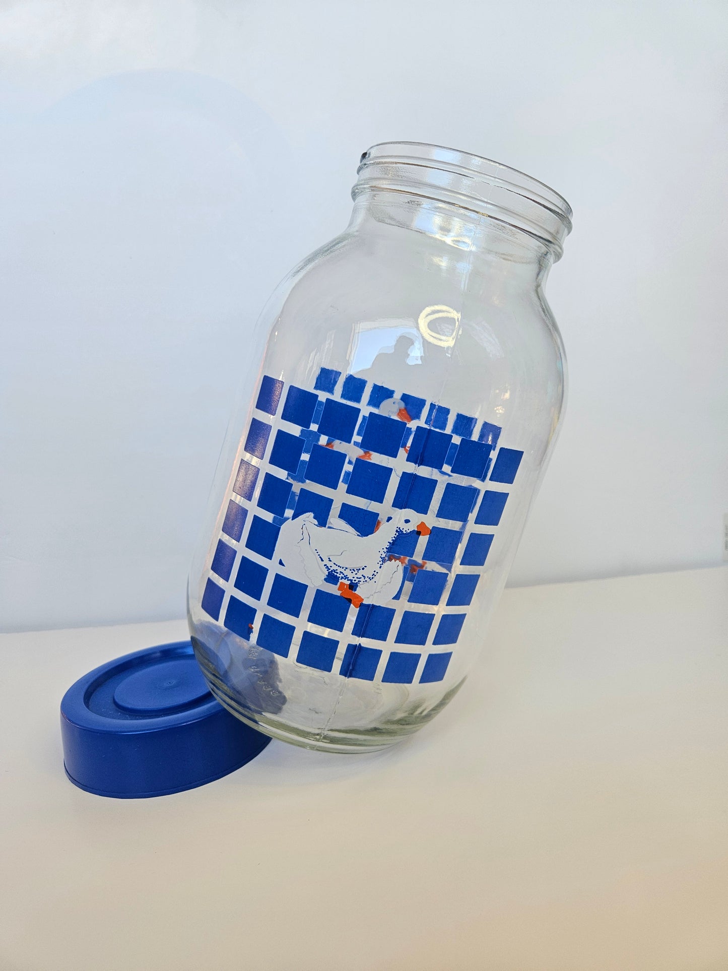 1980s Carlton Glass Country Goose Jar with Lid | 3L | Blue Checkered | USA
