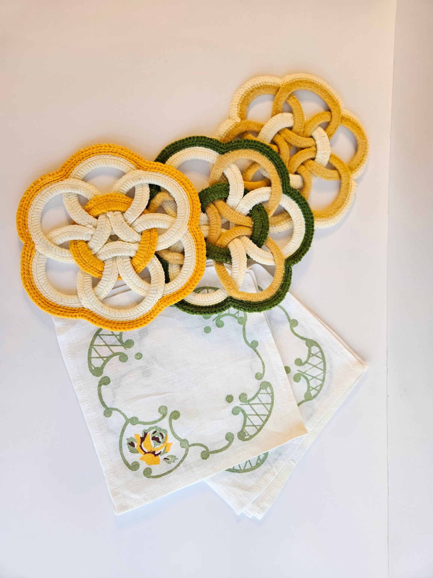 1970s Handmade Crocheted Celtic Knot Pot Holders & Napkin Set | MCM Yellow & Green | Unknown Artisan | Vintage