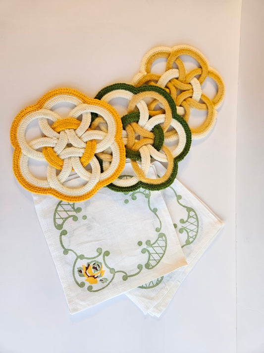 1970s Handmade Crocheted Celtic Knot Pot Holders & Napkin Set | MCM Yellow & Green | Unknown Artisan | Vintage