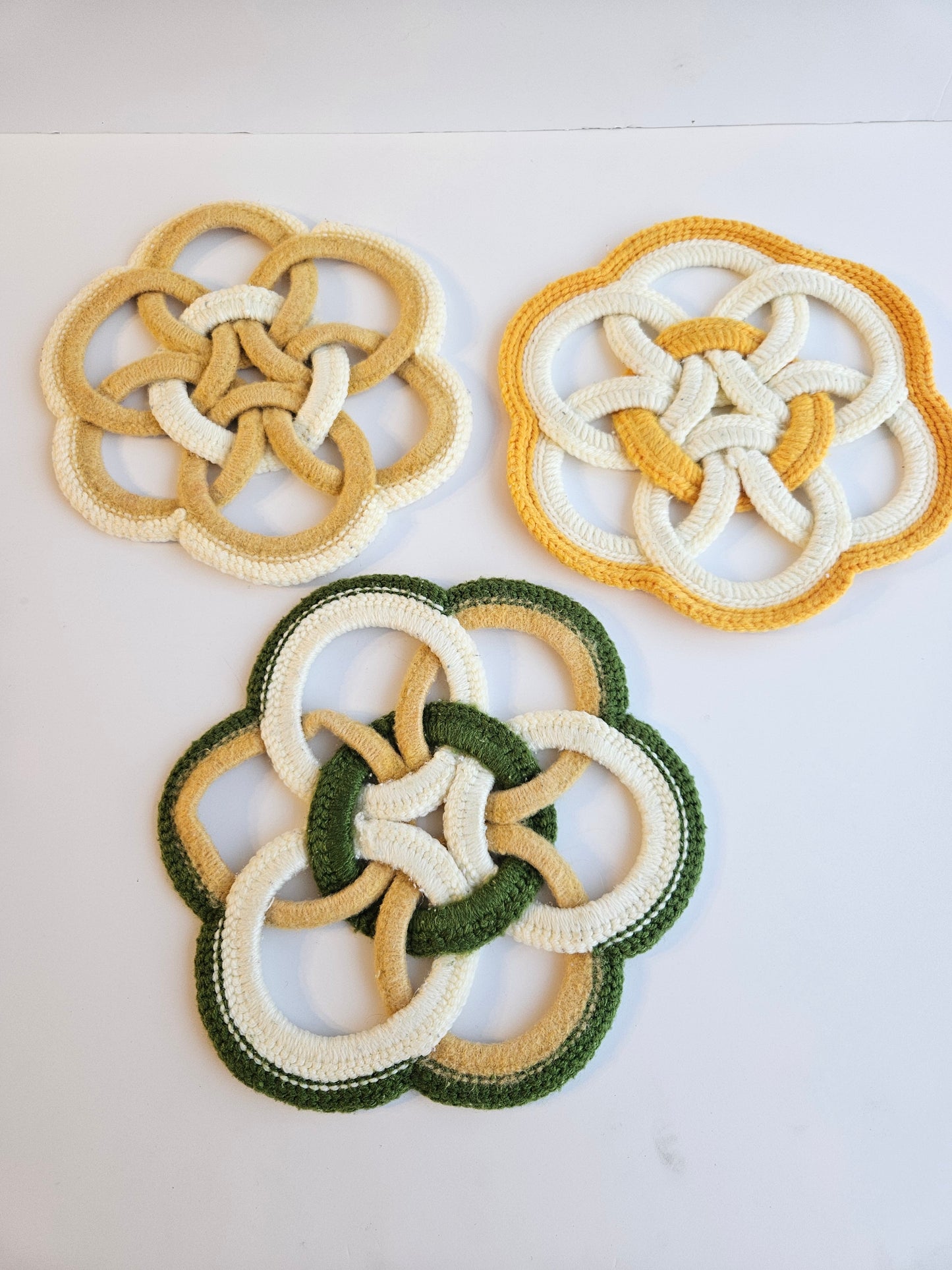 1970s Handmade Crocheted Celtic Knot Pot Holders & Napkin Set | MCM Yellow & Green | Unknown Artisan | Vintage