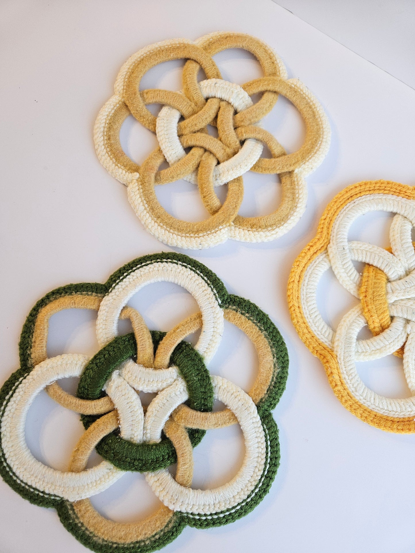 1970s Handmade Crocheted Celtic Knot Pot Holders & Napkin Set | MCM Yellow & Green | Unknown Artisan | Vintage
