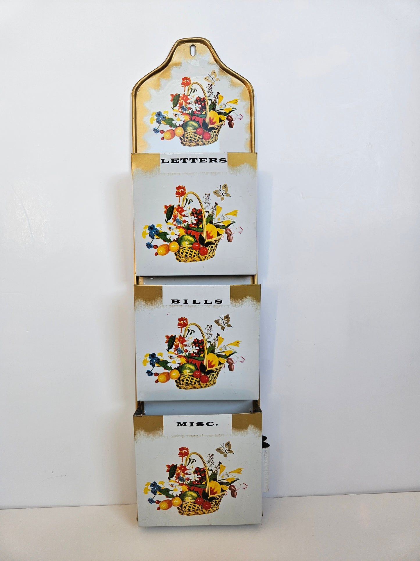 1950s–1960s Tin Wall-Mount Mail Sorter | 3-Slot | Floral Lithograph | Gold Trim | Made in Taiwan | Vintage