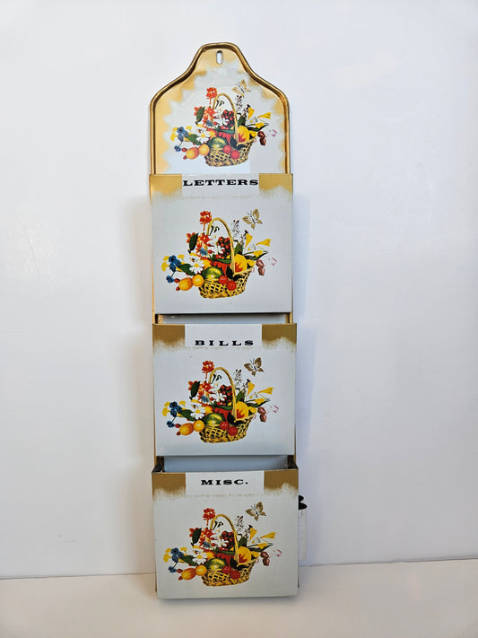 1950s–1960s Tin Wall-Mount Mail Sorter | 3-Slot | Floral Lithograph | Gold Trim | Made in Taiwan | Vintage