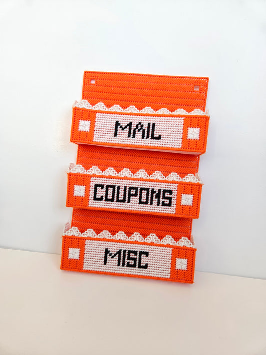 1970s–1980s Handmade Needlepoint Wall Mail Sorter | Bright Orange | White Lace Trim | Unknown Artisan | Vintage