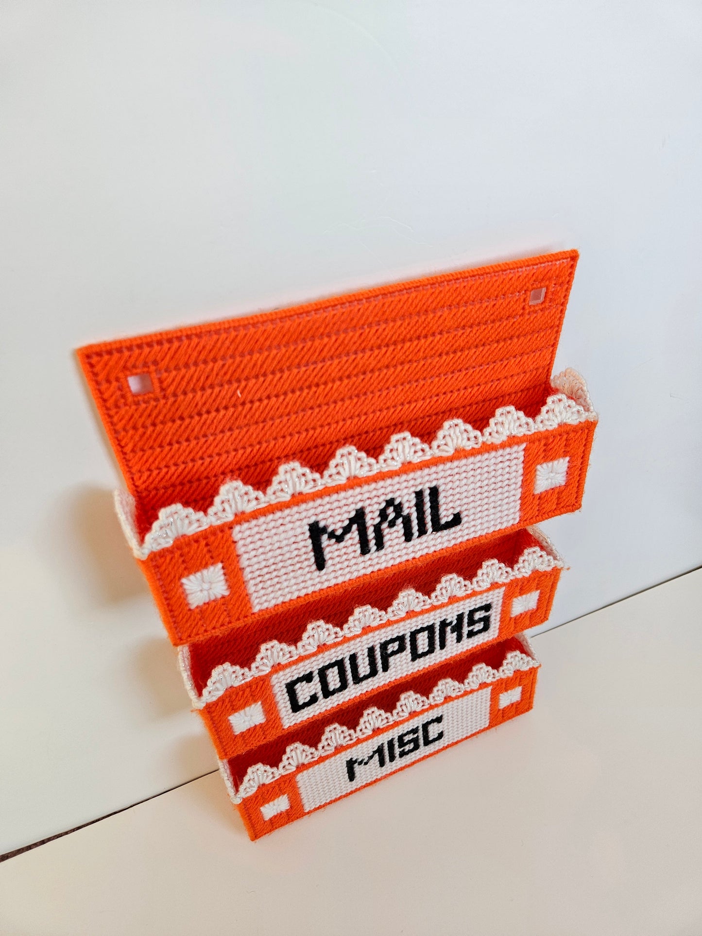 1970s–1980s Handmade Needlepoint Wall Mail Sorter | Bright Orange | White Lace Trim | Unknown Artisan | Vintage