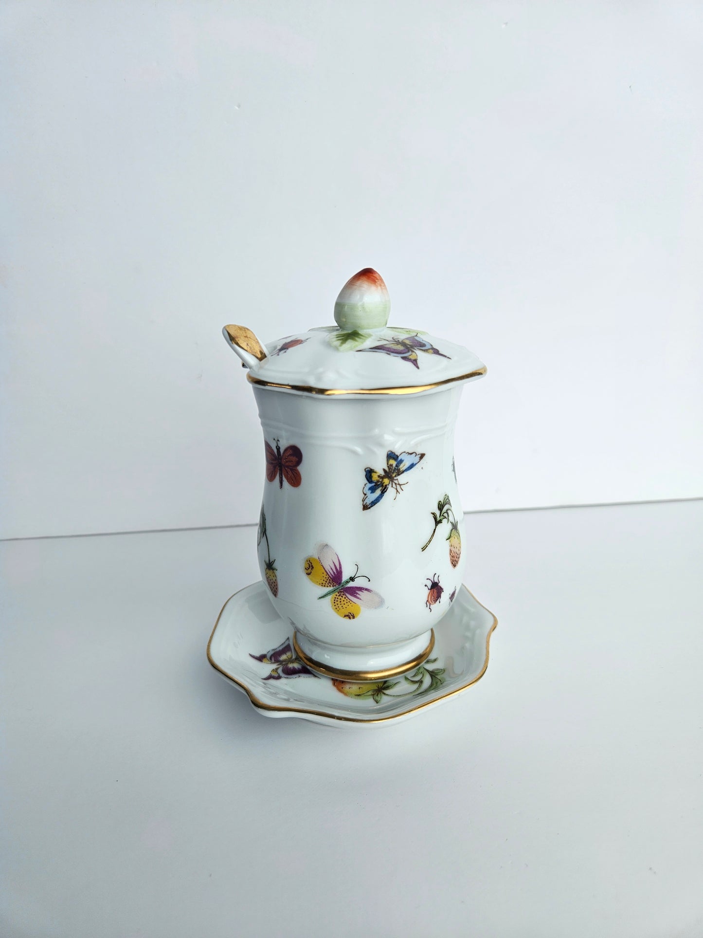 Ardalt Lenwile "Springtime" Sugar Dish & Lid | Hand-Painted Butterflies & Strawberries | Gold Trim | Made in Japan | Vintage