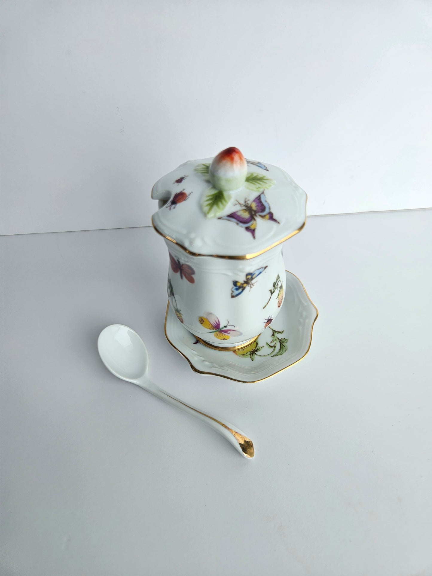 Ardalt Lenwile "Springtime" Sugar Dish & Lid | Hand-Painted Butterflies & Strawberries | Gold Trim | Made in Japan | Vintage
