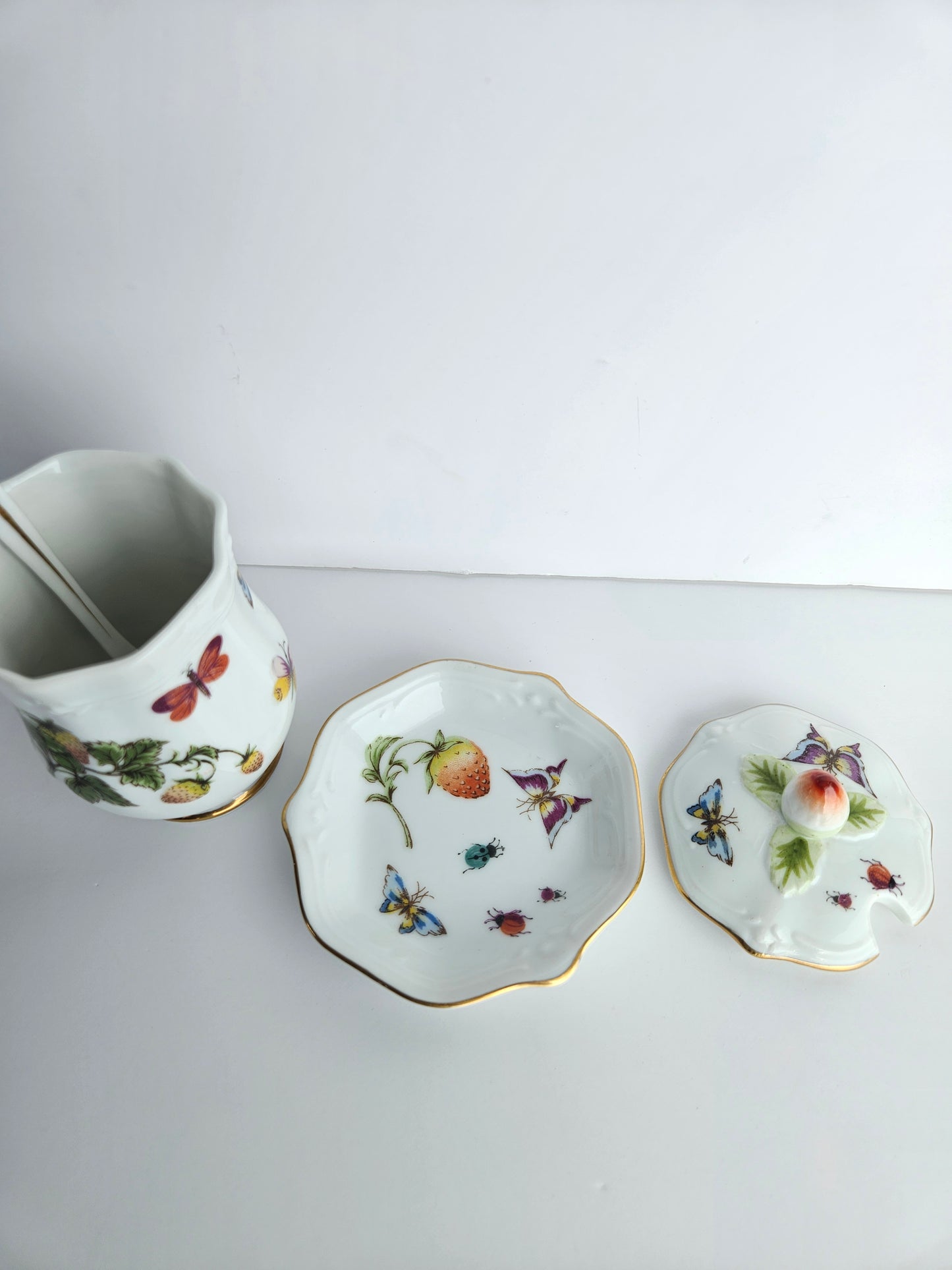 Ardalt Lenwile "Springtime" Sugar Dish & Lid | Hand-Painted Butterflies & Strawberries | Gold Trim | Made in Japan | Vintage