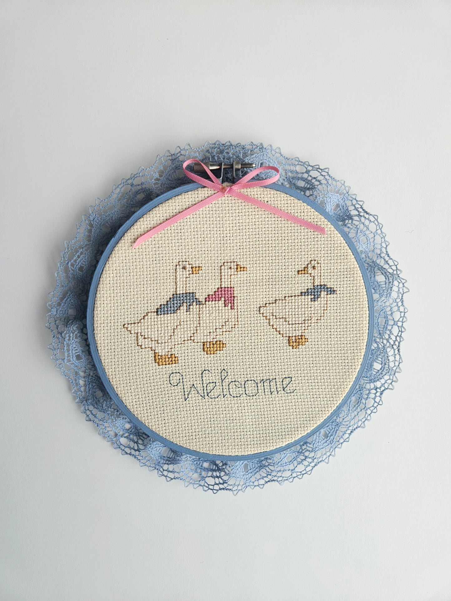 1980s Handmade Ribbon Geese Cross Stitch Hoop | 16cm | Cottagecore Wall Art