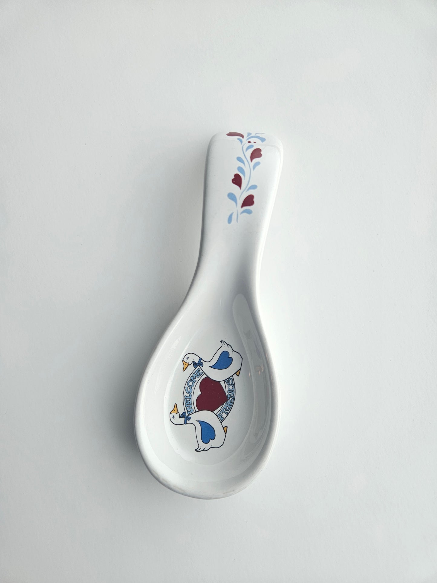 1980s Ribbon Geese "Welcome Friends" Stoneware Spoon Rest | Cottagecore Kitchen | Vintage