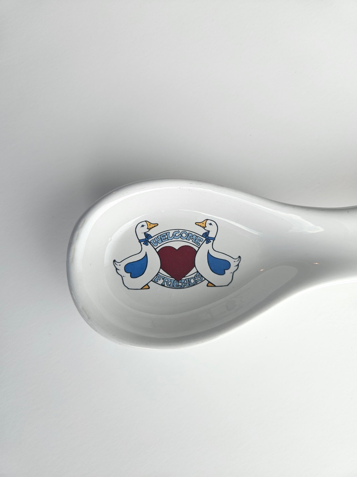 1980s Ribbon Geese "Welcome Friends" Stoneware Spoon Rest | Cottagecore Kitchen | Vintage