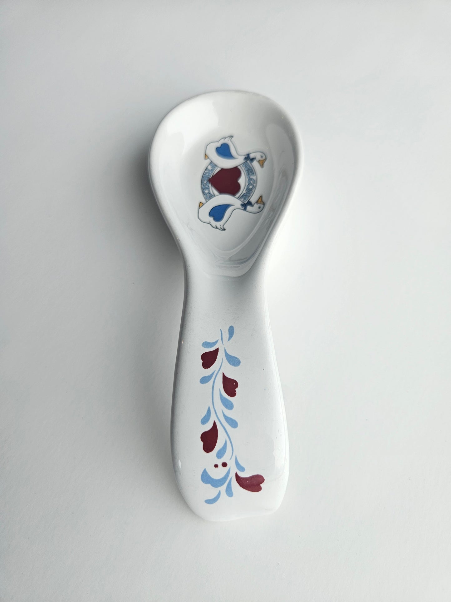 1980s Ribbon Geese "Welcome Friends" Stoneware Spoon Rest | Cottagecore Kitchen | Vintage