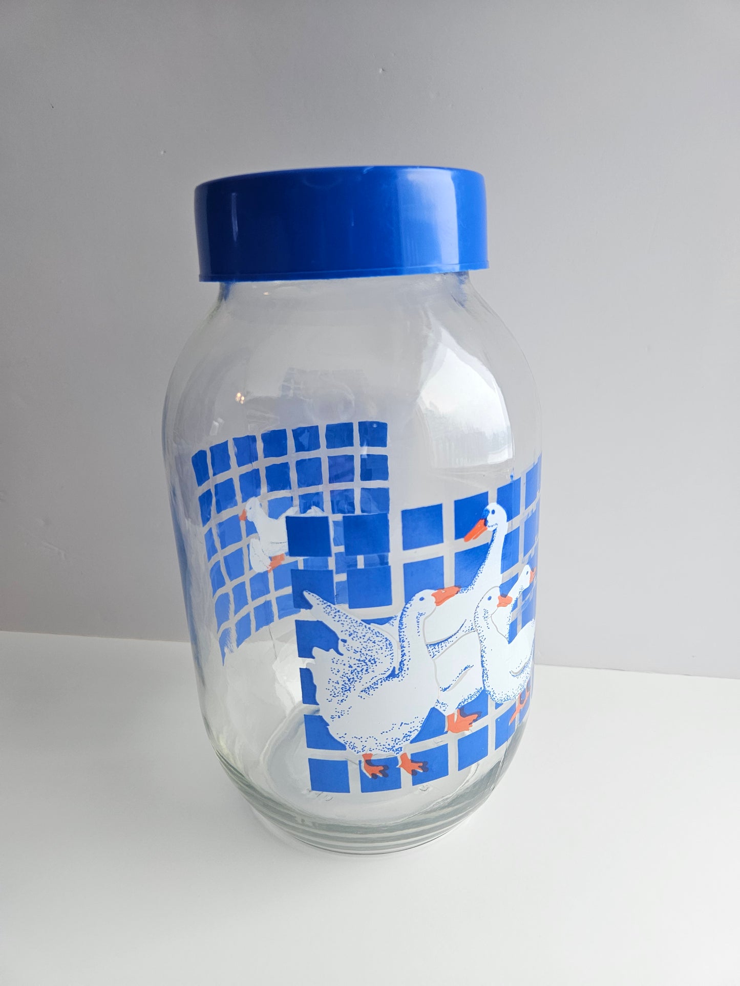 1980s Carlton Glass Country Goose Jar with Lid | 3L | Blue Checkered | USA