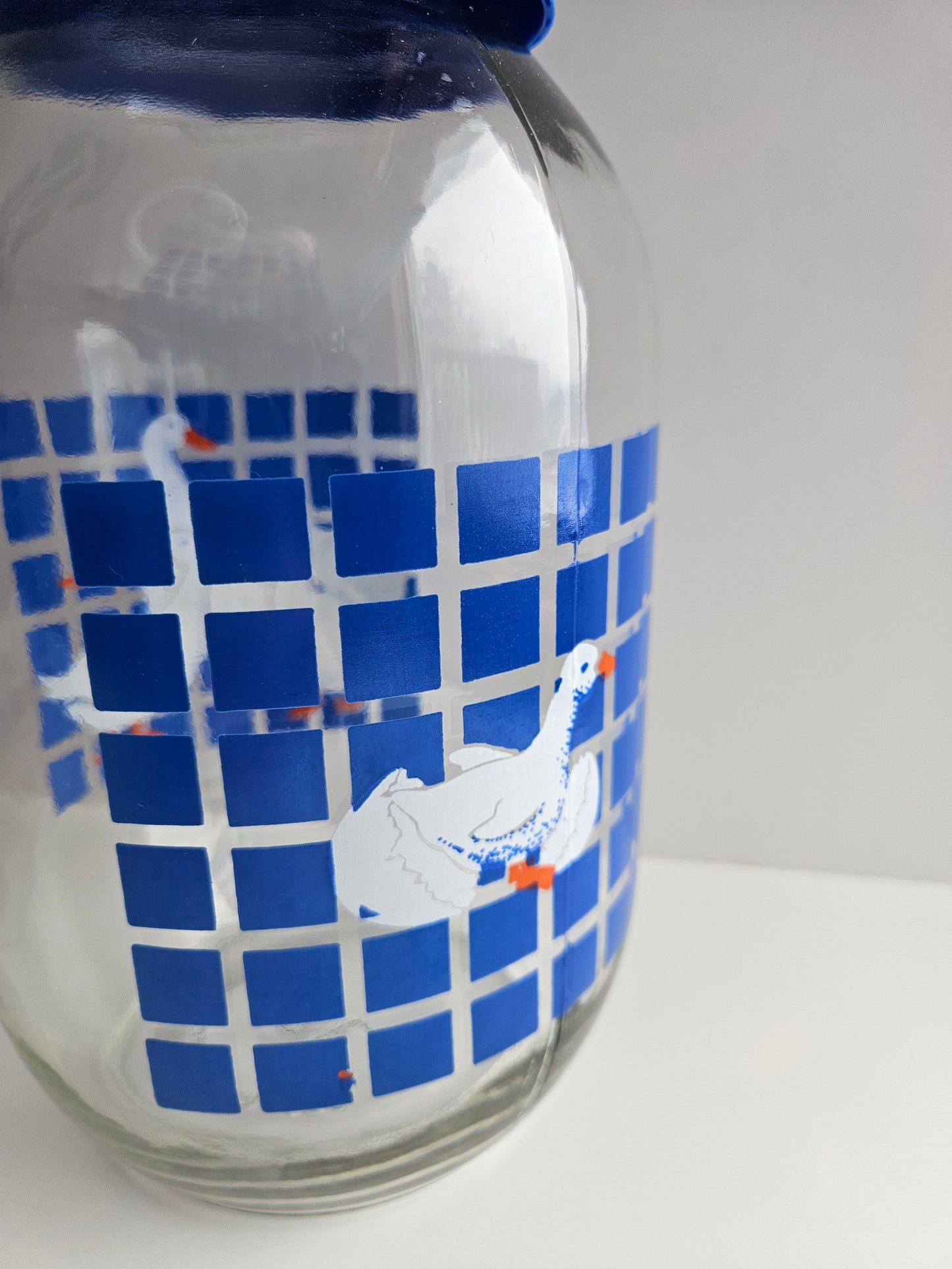 1980s Carlton Glass Country Goose Jar with Lid | 3L | Blue Checkered | USA