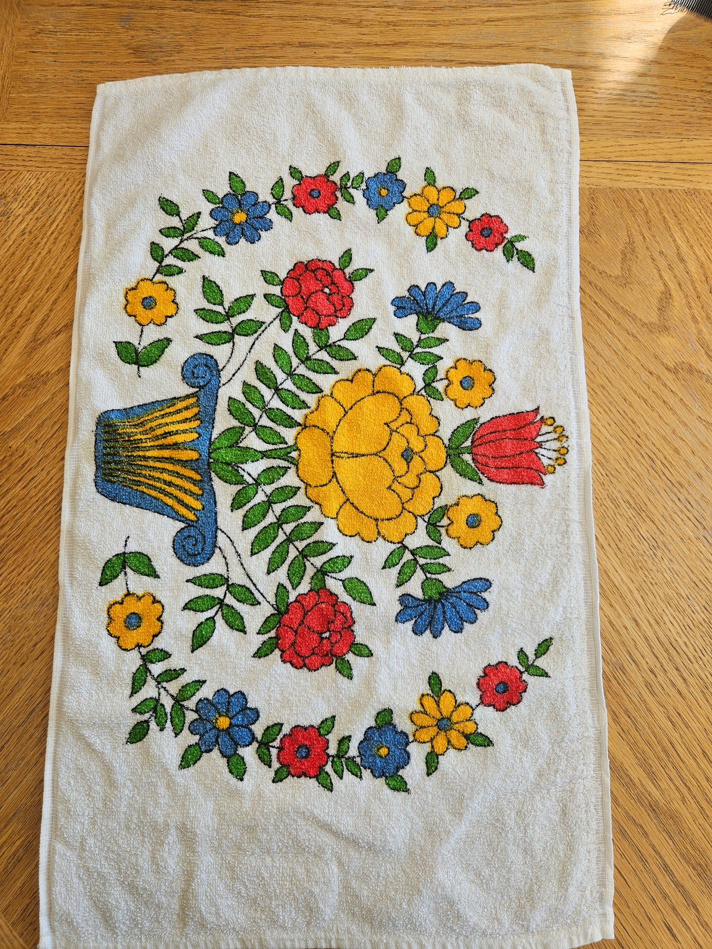 1960s–1970s Kathaway Tea Towel | Folk Art Floral | Made in Canada | MCM Vintage