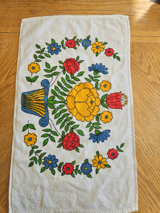 1960s–1970s Kathaway Tea Towel | Folk Art Floral | Made in Canada | MCM Vintage