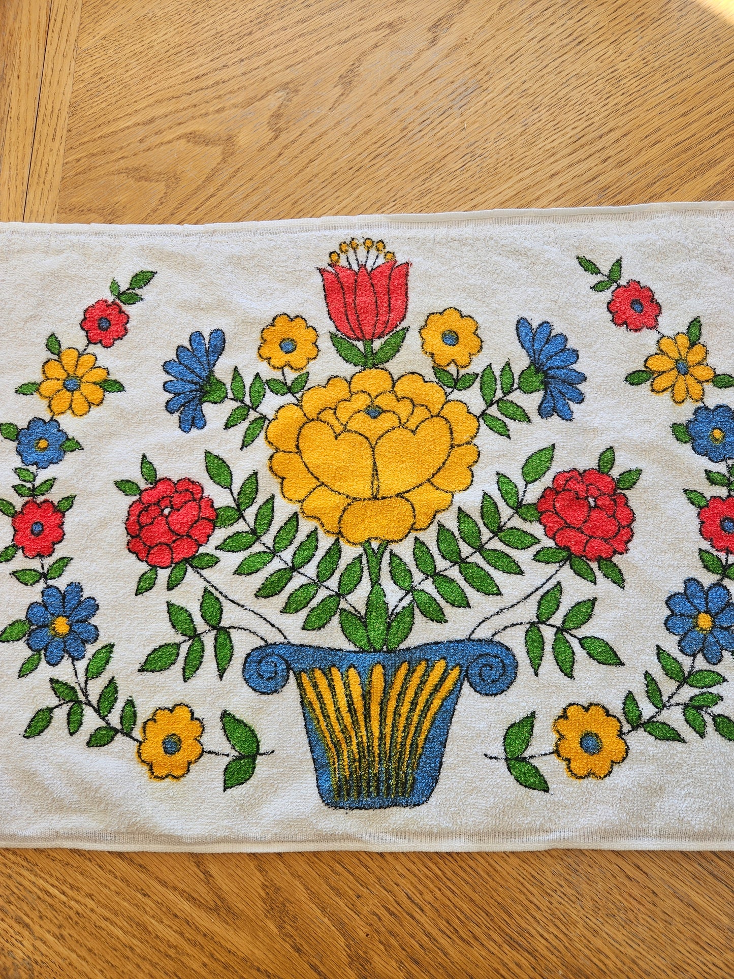 1960s–1970s Kathaway Tea Towel | Folk Art Floral | Made in Canada | MCM Vintage