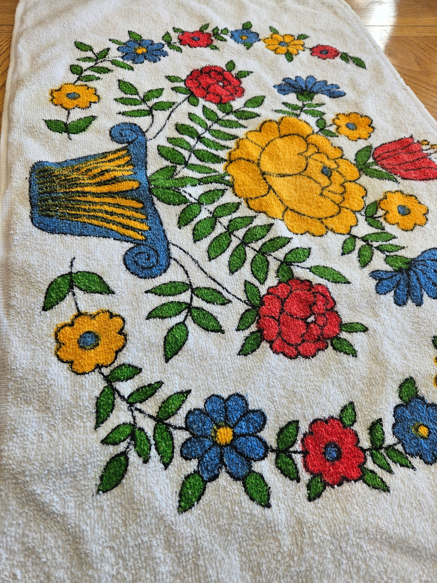 1960s–1970s Kathaway Tea Towel | Folk Art Floral | Made in Canada | MCM Vintage