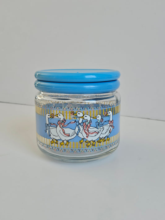 1980s KIG Indonesia "Geese Parade" Glass Canister | Blue Ribbon Decal | Country Farmhouse | Vintage