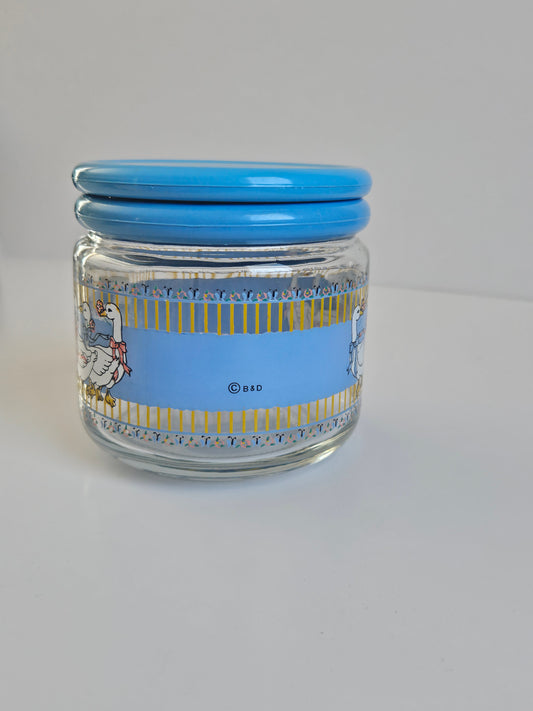 1980s KIG Indonesia "Geese Parade" Glass Canister | Blue Ribbon Decal | Country Farmhouse | Vintage