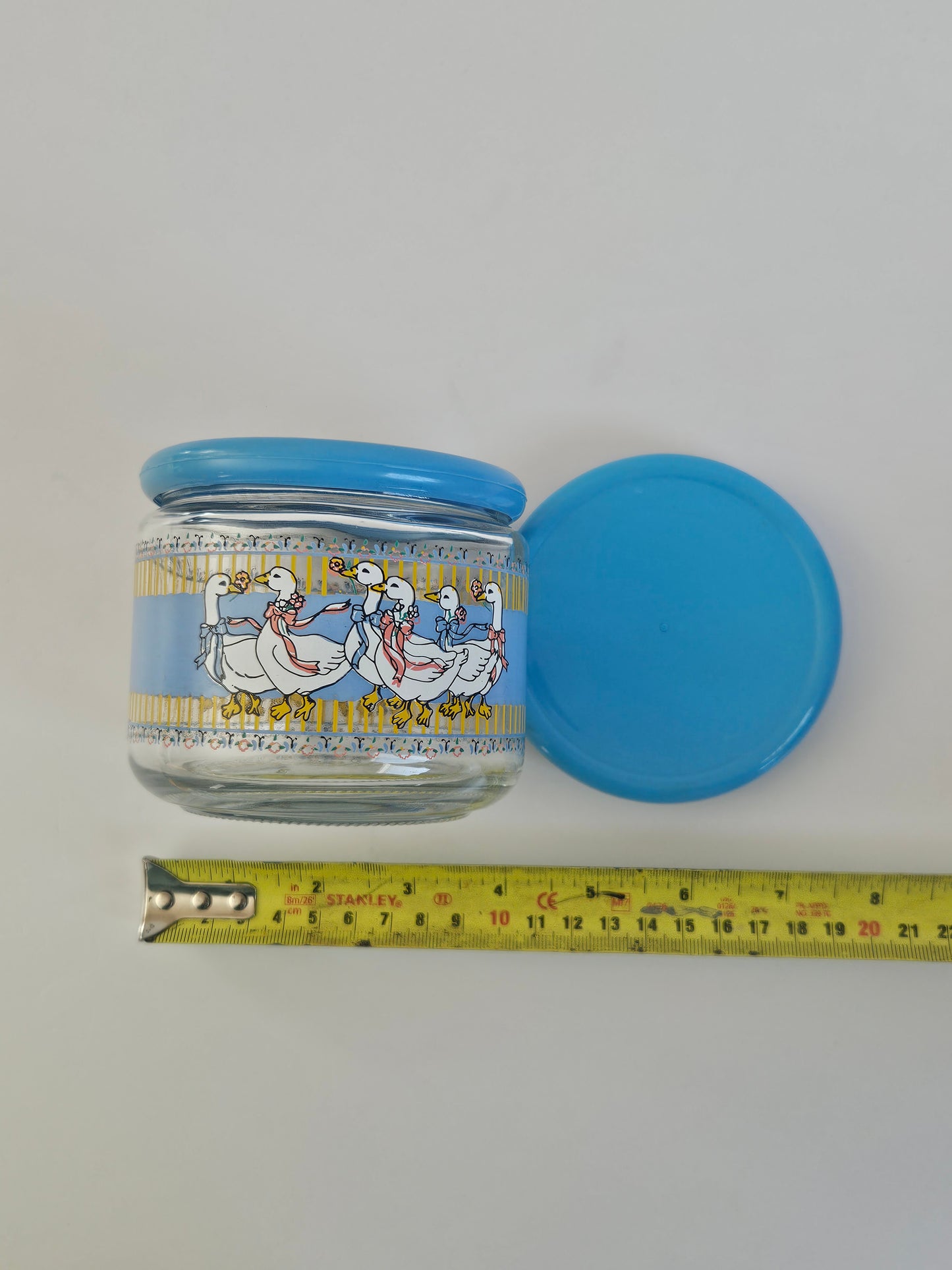 1980s KIG Indonesia "Geese Parade" Glass Canister | Blue Ribbon Decal | Country Farmhouse | Vintage