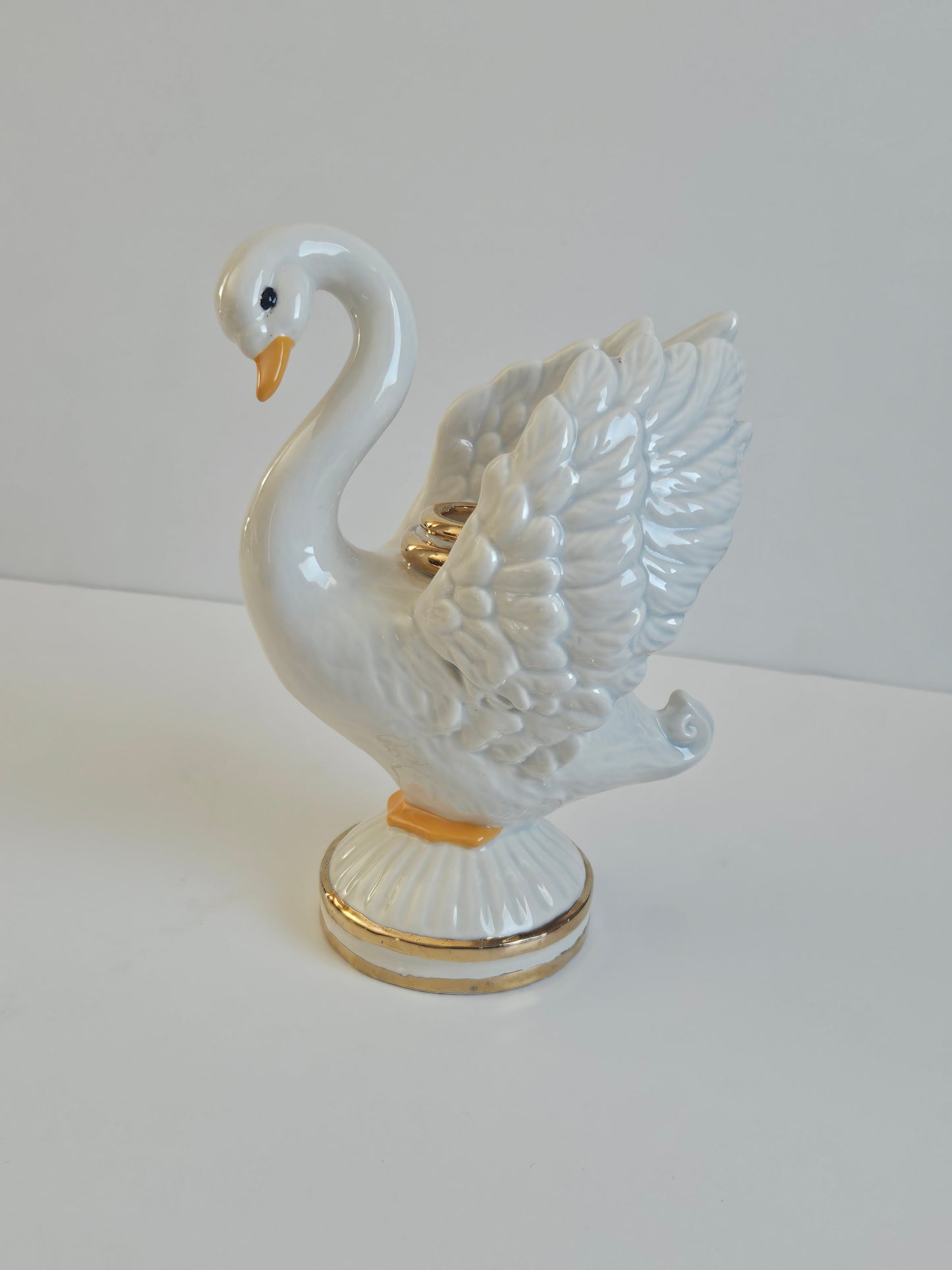 1985 Porcelain Swan Candlestick Holder | Iridescent Pearlescent Glaze | Gold Trim | 18" | Vintage Decor