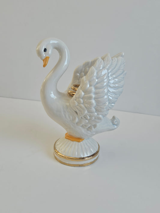 1985 Porcelain Swan Candlestick Holder | Iridescent Pearlescent Glaze | Gold Trim | 18" | Vintage Decor