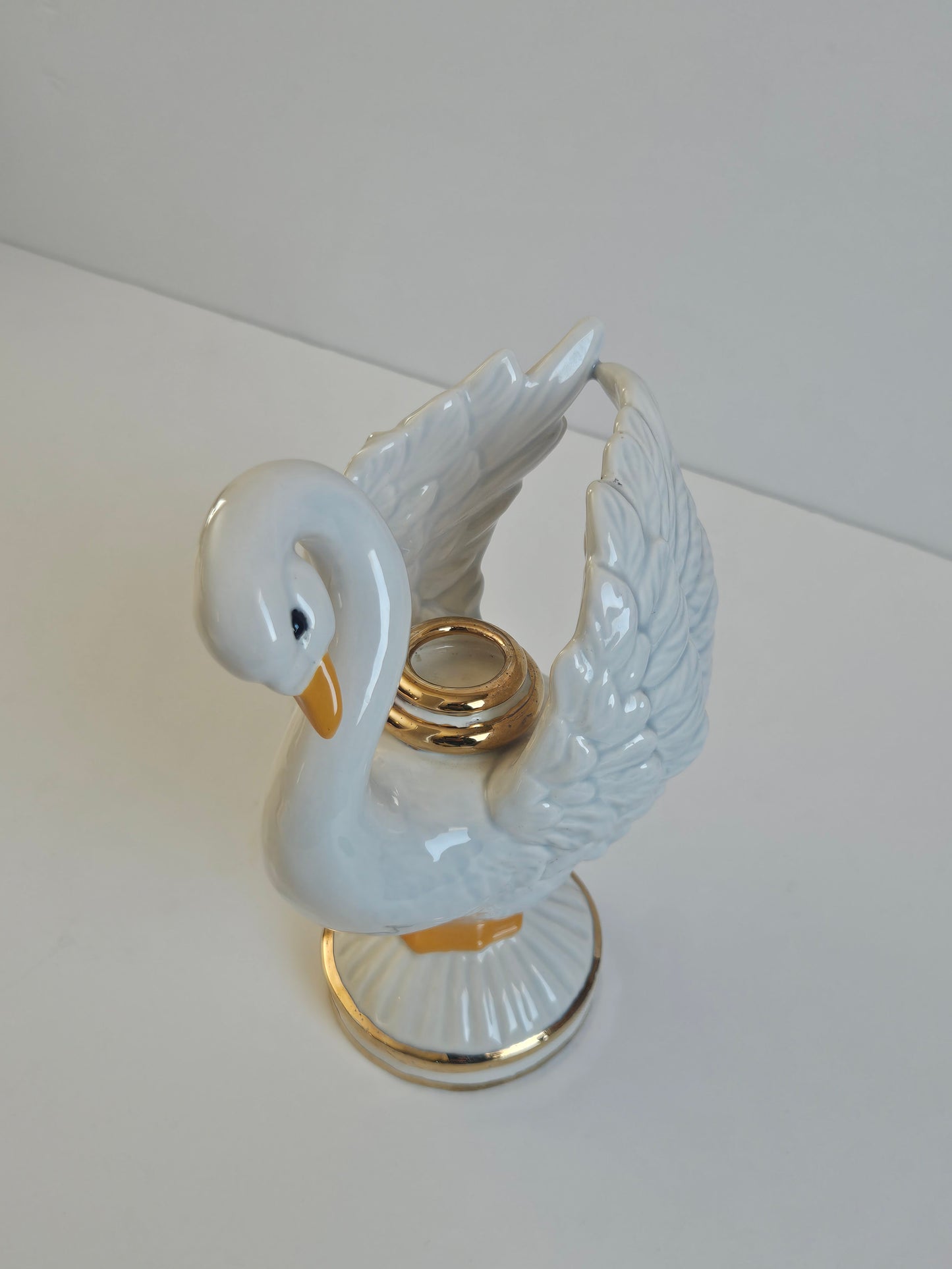 1985 Porcelain Swan Candlestick Holder | Iridescent Pearlescent Glaze | Gold Trim | 18" | Vintage Decor