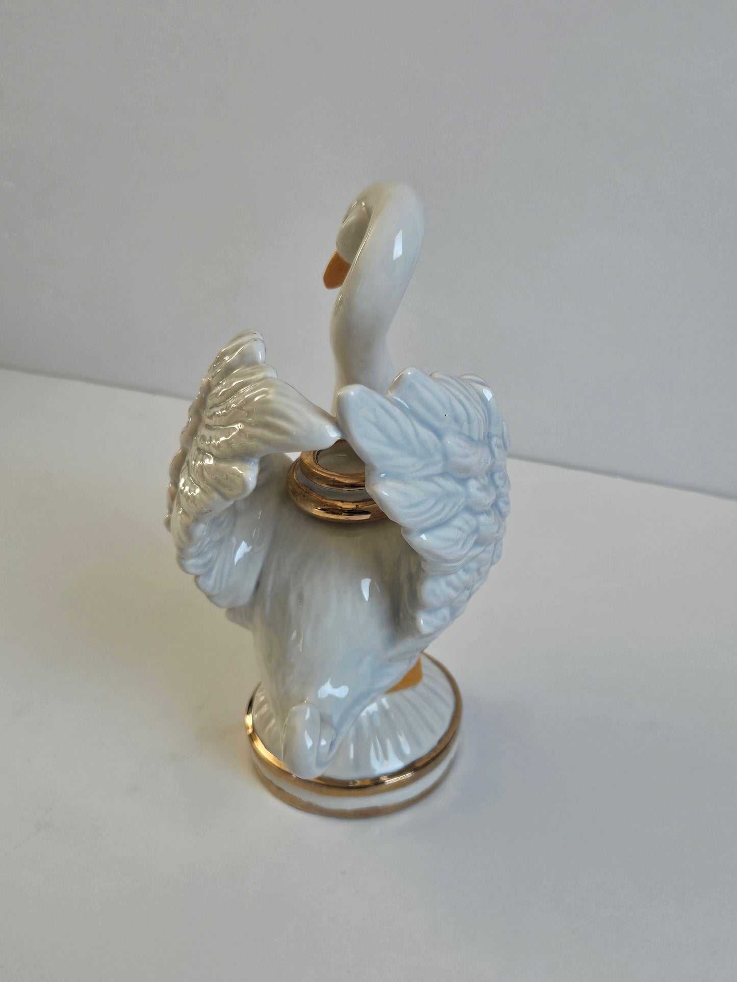 1985 Porcelain Swan Candlestick Holder | Iridescent Pearlescent Glaze | Gold Trim | 18" | Vintage Decor
