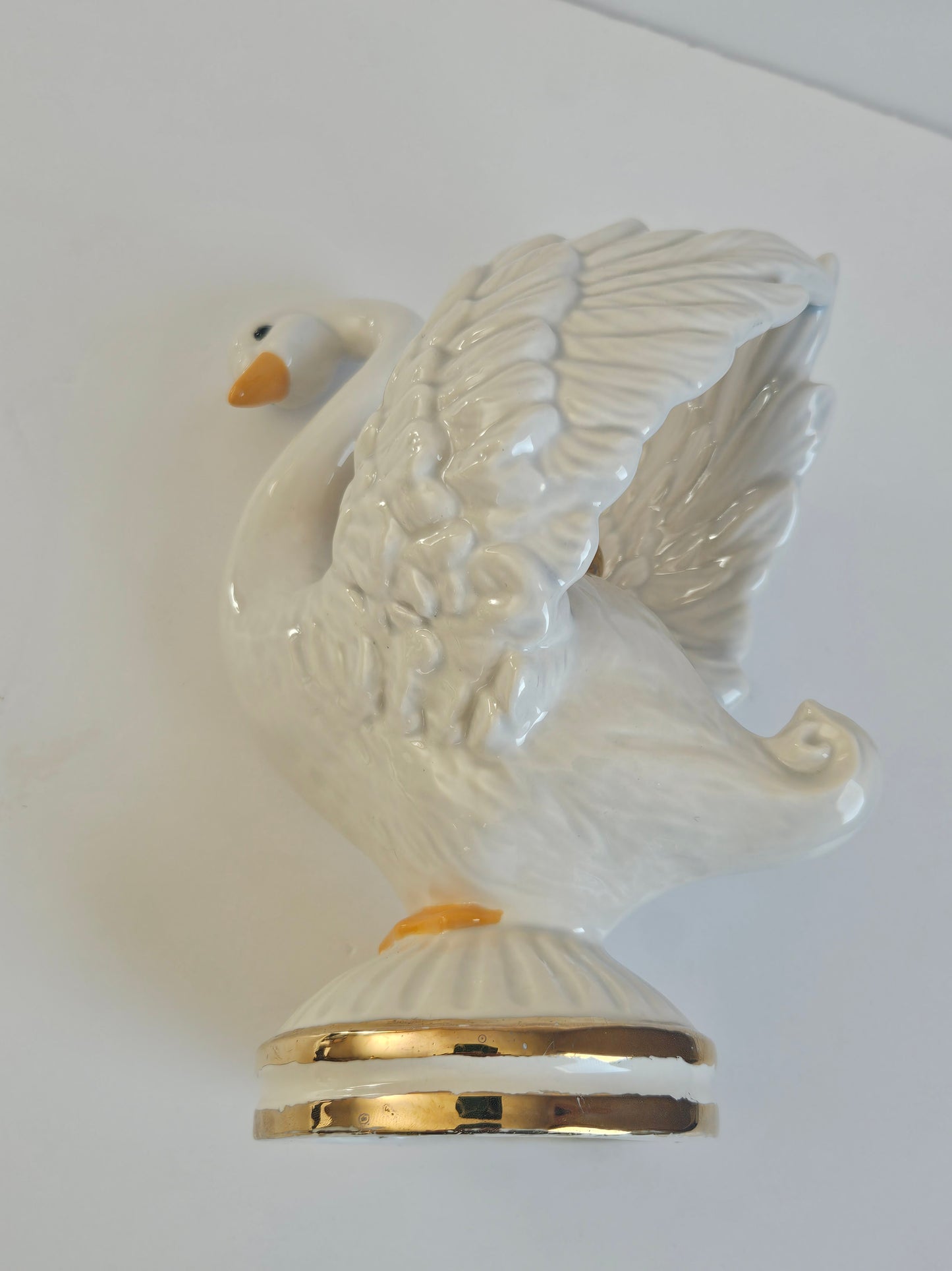 1985 Porcelain Swan Candlestick Holder | Iridescent Pearlescent Glaze | Gold Trim | 18" | Vintage Decor