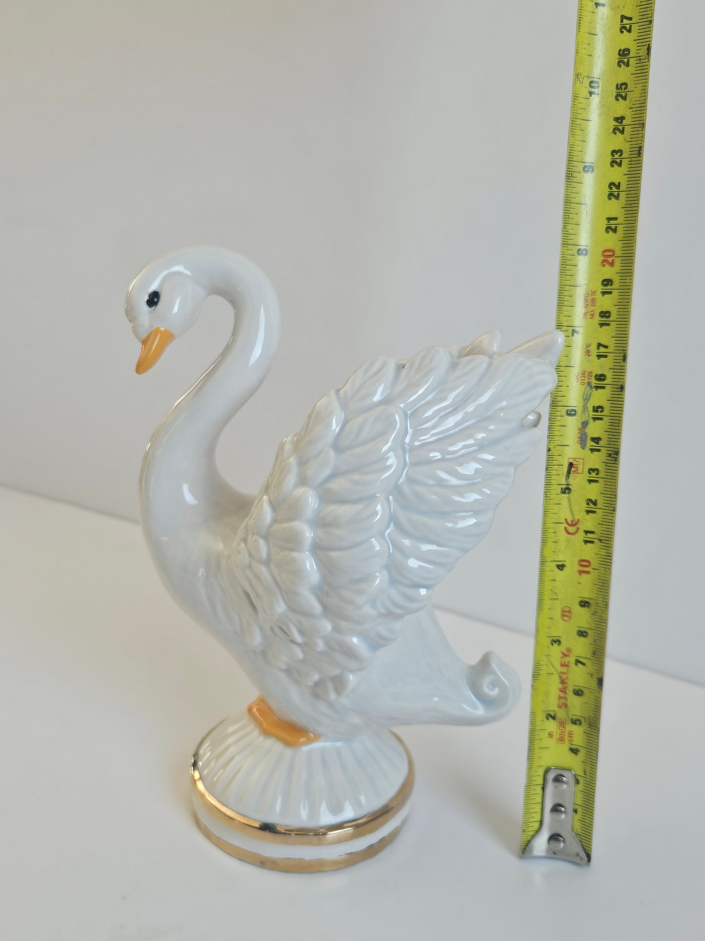 1985 Porcelain Swan Candlestick Holder | Iridescent Pearlescent Glaze | Gold Trim | 18" | Vintage Decor