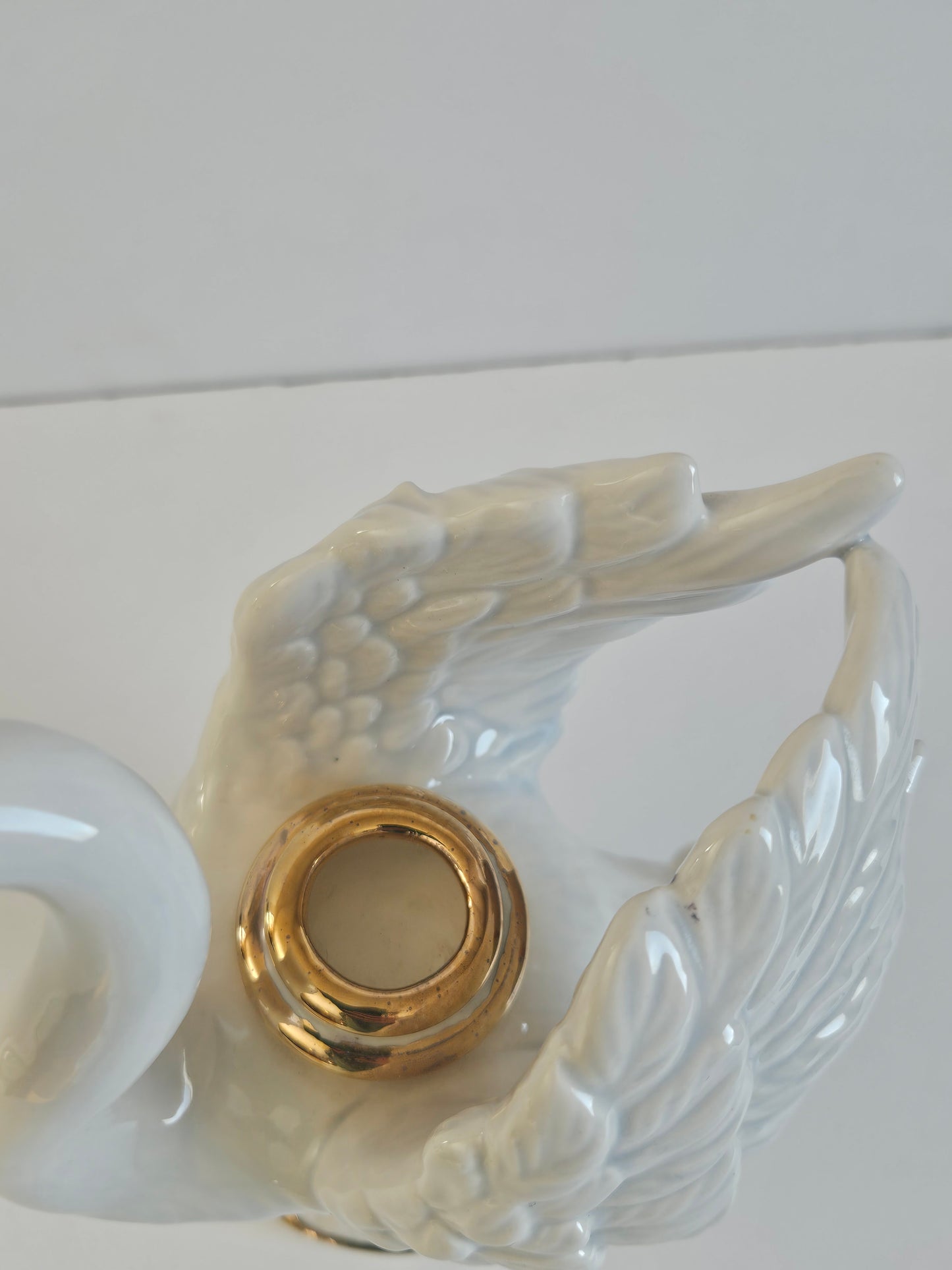 1985 Porcelain Swan Candlestick Holder | Iridescent Pearlescent Glaze | Gold Trim | 18" | Vintage Decor