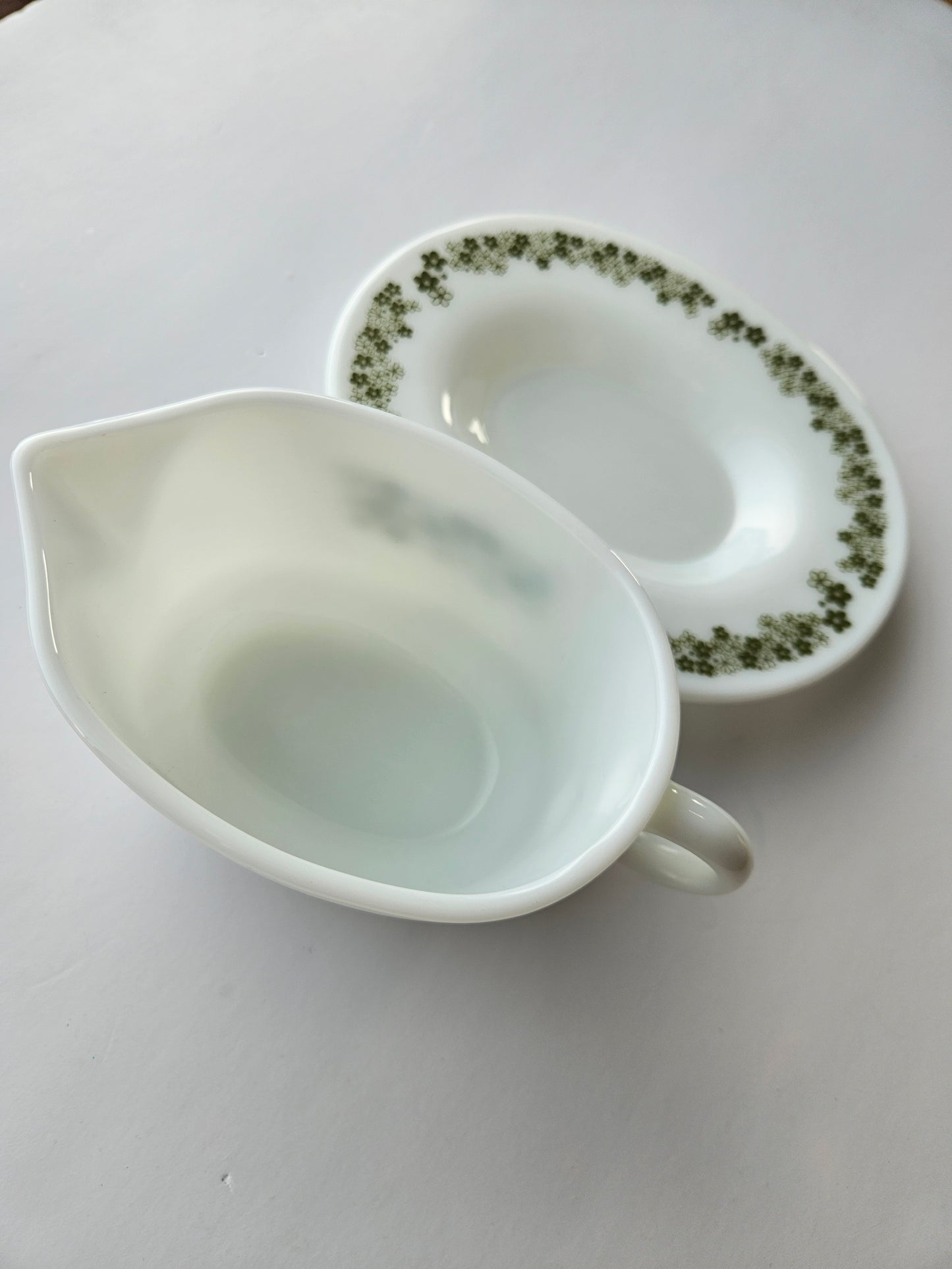 1972 Pyrex "Spring Blossom Green" Gravy Boat | Crazy Daisy | White Milk Glass | Made in USA | Vintage