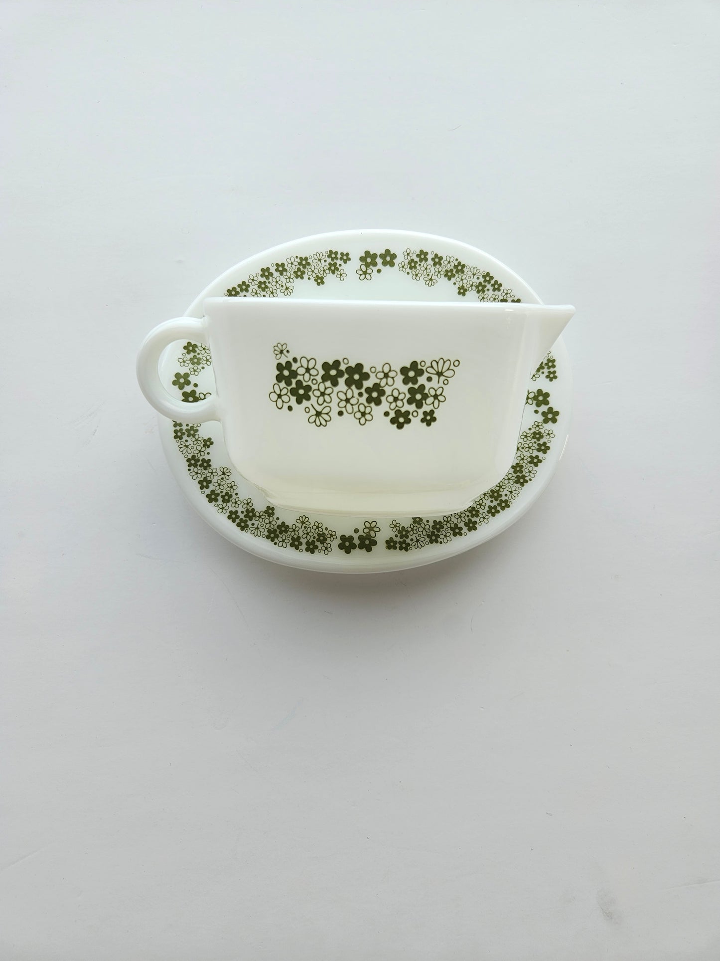 1972 Pyrex "Spring Blossom Green" Gravy Boat | Crazy Daisy | White Milk Glass | Made in USA | Vintage