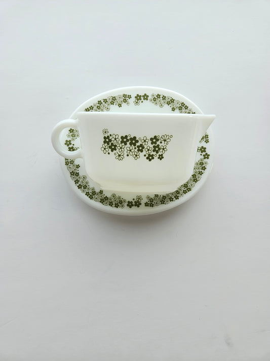 1972 Pyrex "Spring Blossom Green" Gravy Boat | Crazy Daisy | White Milk Glass | Made in USA | Vintage