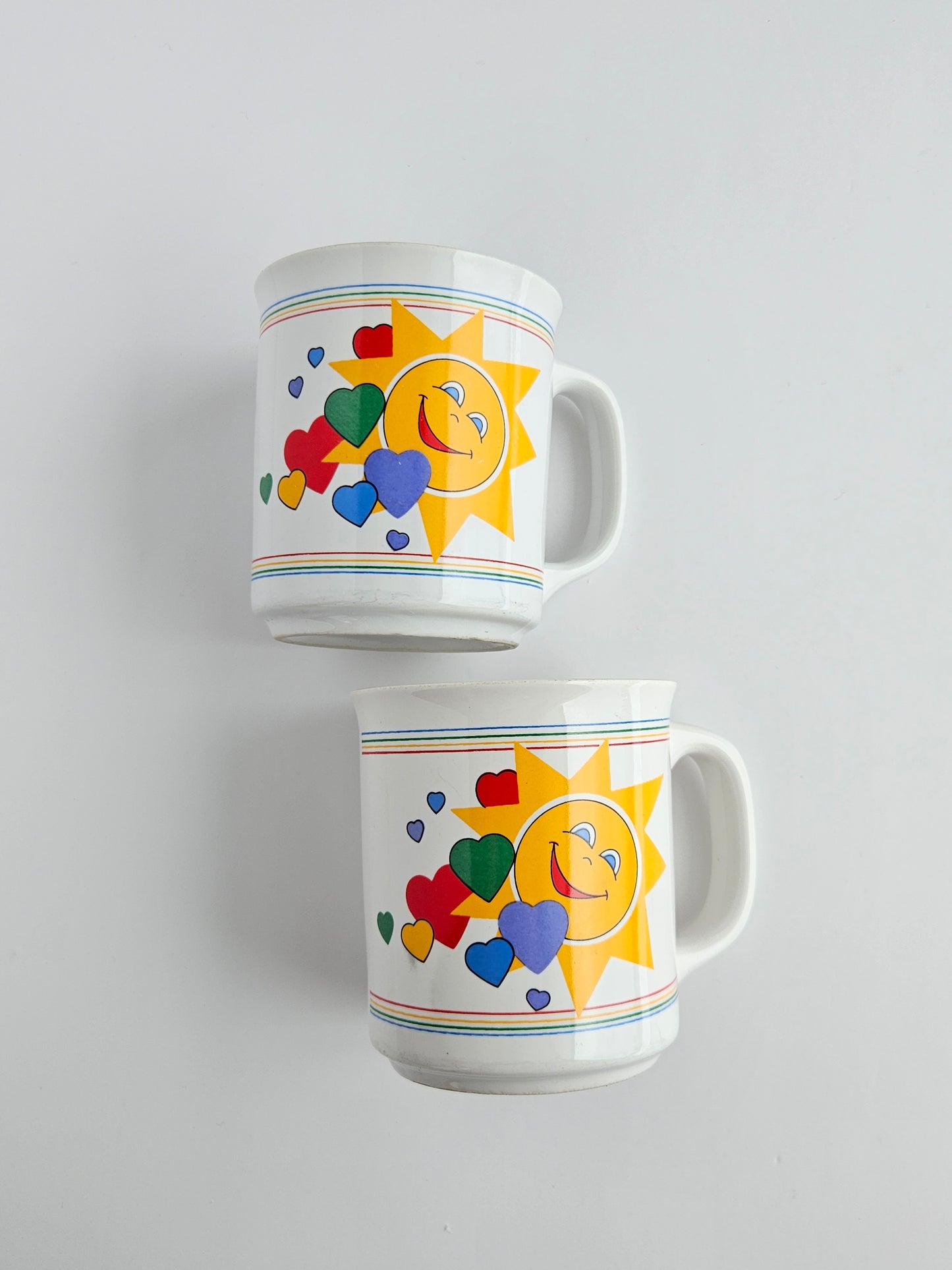 1980s Sunshine Rainbow Hearts Mug Set of 2 | 8oz | Giftco Inc. Taiwan | Retro Ceramic | Vintage