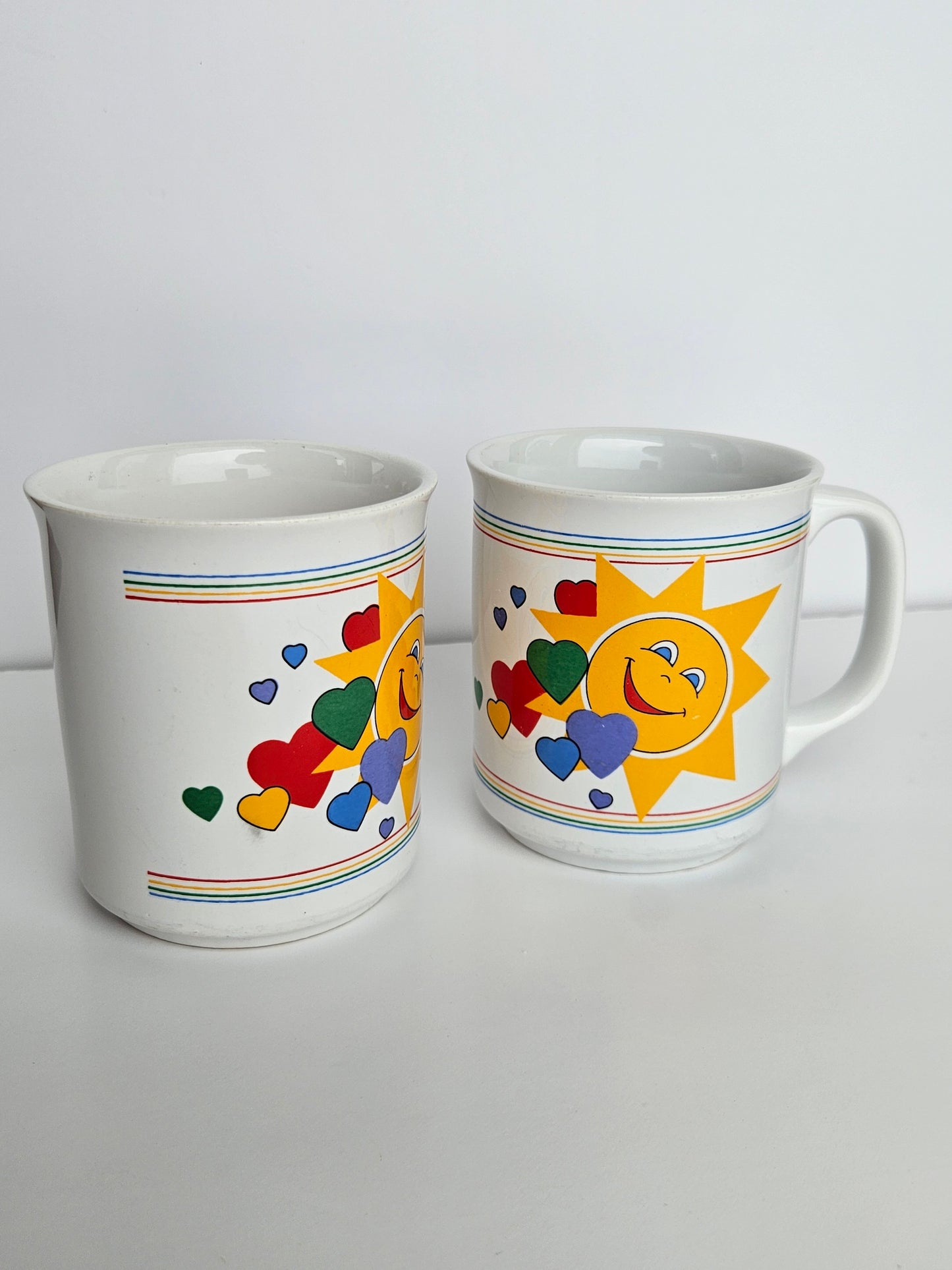 1980s Sunshine Rainbow Hearts Mug Set of 2 | 8oz | Giftco Inc. Taiwan | Retro Ceramic | Vintage